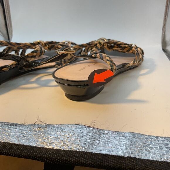 Loeffler Randal Ladies Sandals 8 Black Gold Beige Patent Leather Flats Shoes - Picture 13 of 15